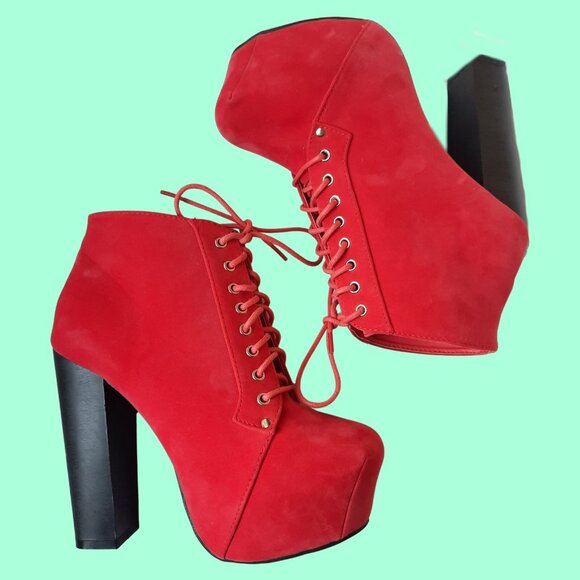 Y2K Red High Heel Platform Lace Up Booties Boots US 8 Faux Suede Indie Sleaze - Picture 1 of 14